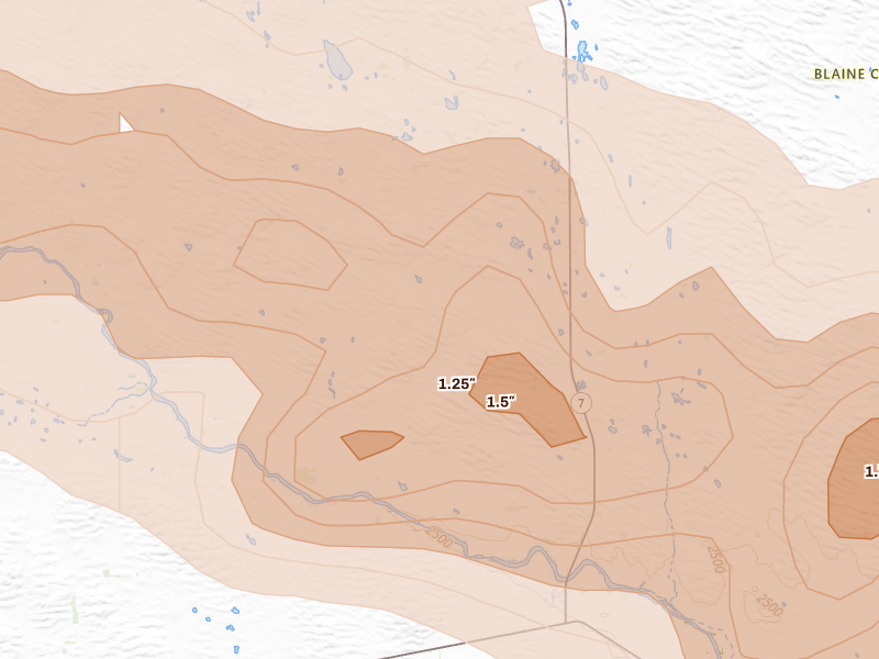Radar-estimated hail-size map of the storm over Brewster, NE on Jun 20, 2026
