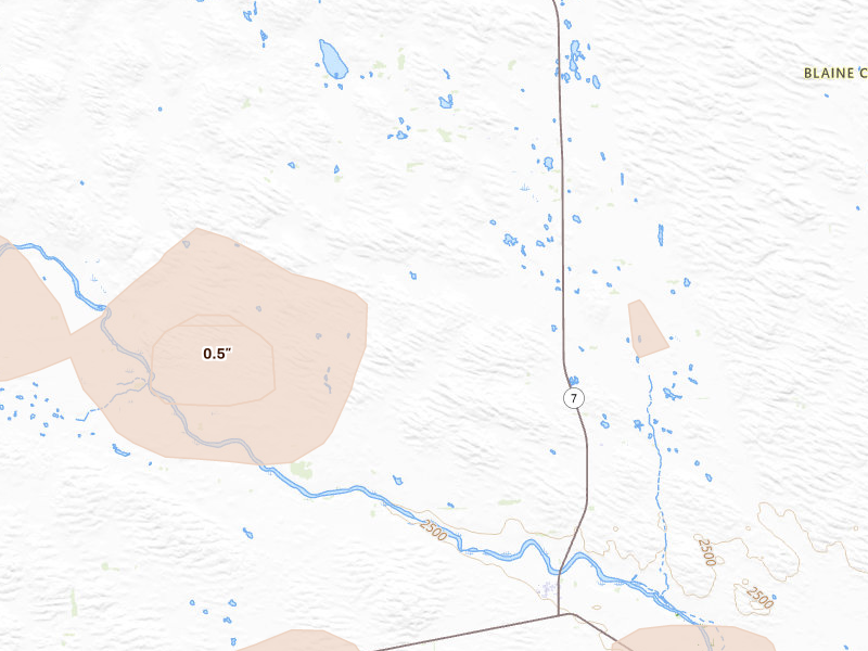 Radar-estimated hail-size map of the storm over Brewster, NE on Jul 30, 2026