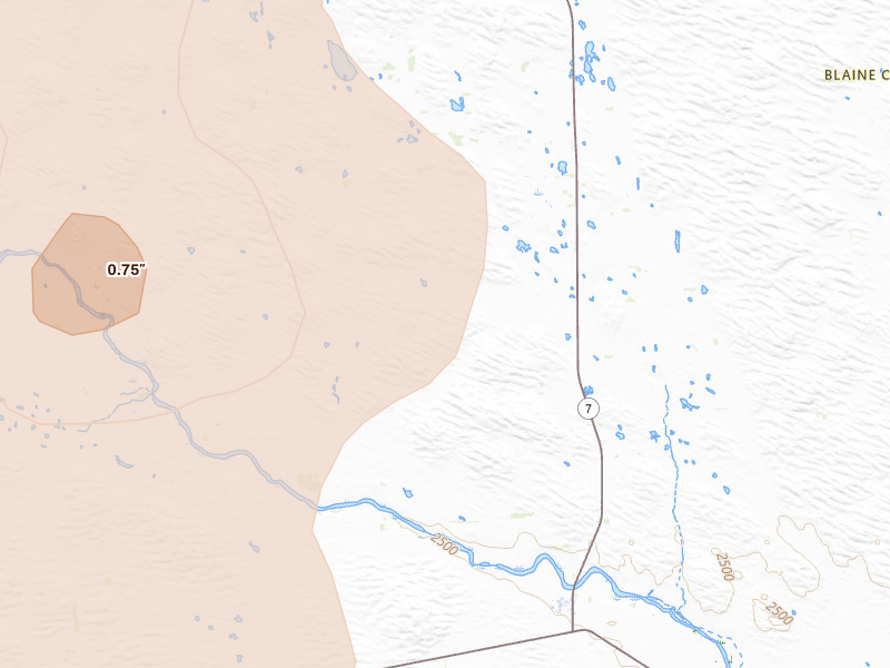 Radar-estimated hail-size map of the storm over Brewster, NE on Aug 20, 2026