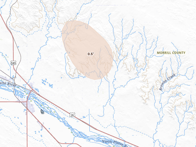 Radar-estimated hail-size map of the storm over Bridgeport, NE on May 30, 2026