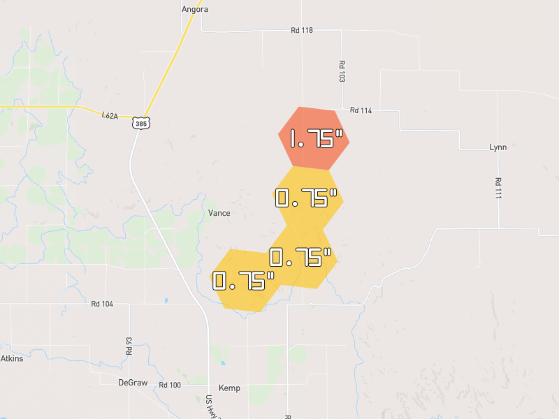 Hail map of Bridgeport, NE on Jun 9, 2026, hail up to 1.75"