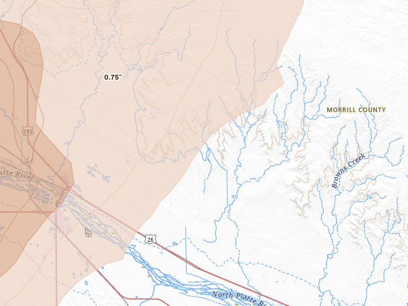 Radar-estimated hail-size map of the storm over Bridgeport, NE on Jun 26, 2026