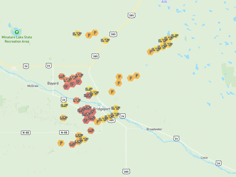 Hail map of Bridgeport, NE on Jun 27, 2026, hail up to 2.5"