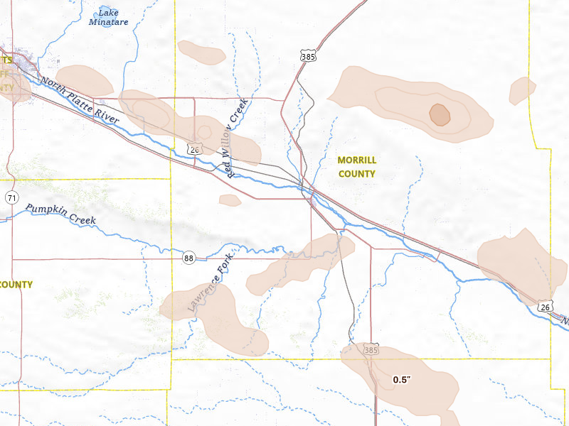 Radar-estimated hail-size map of the storm over Bridgeport, NE on Aug 9, 2026