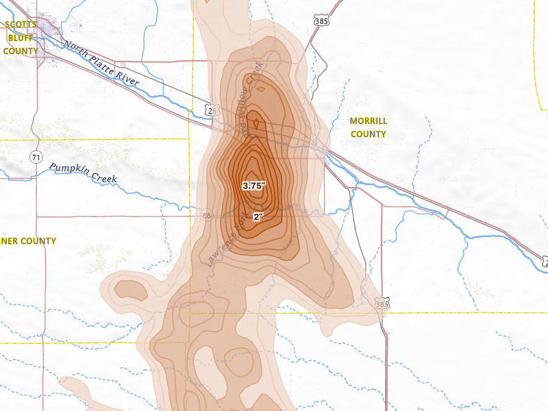 Radar-estimated hail-size map of the storm over Bridgeport, NE on Aug 21, 2026