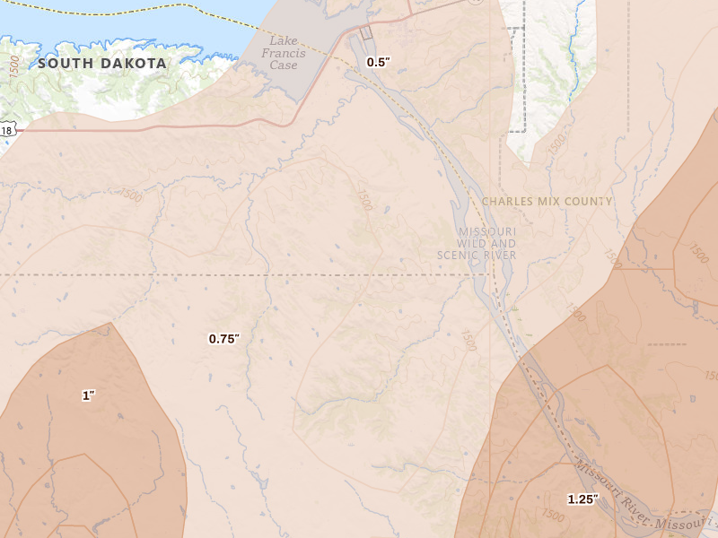 Radar-estimated hail-size map of the storm over Bristow, NE on May 17, 2026