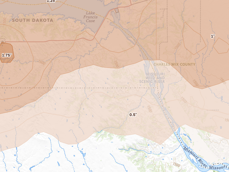 Radar-estimated hail-size map of the storm over Bristow, NE on Jun 27, 2026