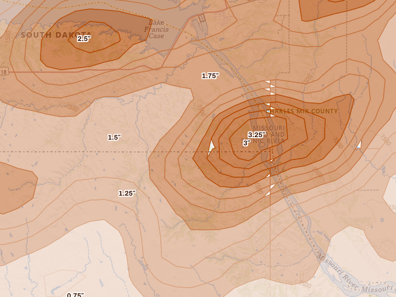 Radar-estimated hail-size map of the storm over Bristow, NE on Sep 1, 2026