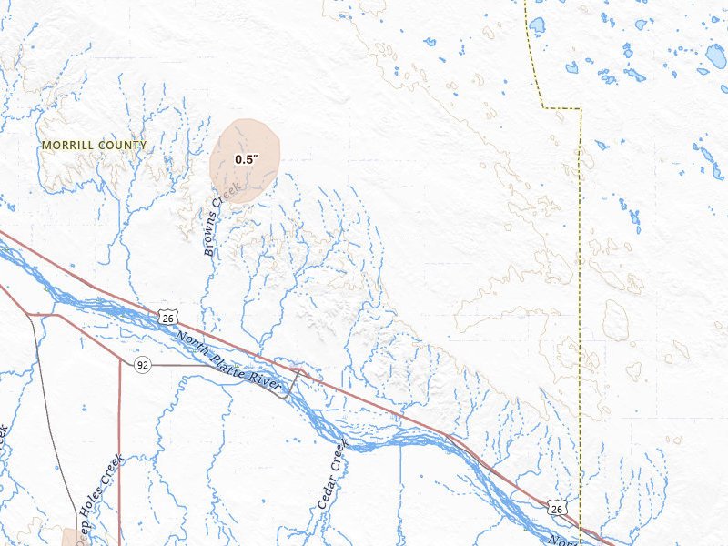 Radar-estimated hail-size map of the storm over Broadwater, NE on May 29, 2026