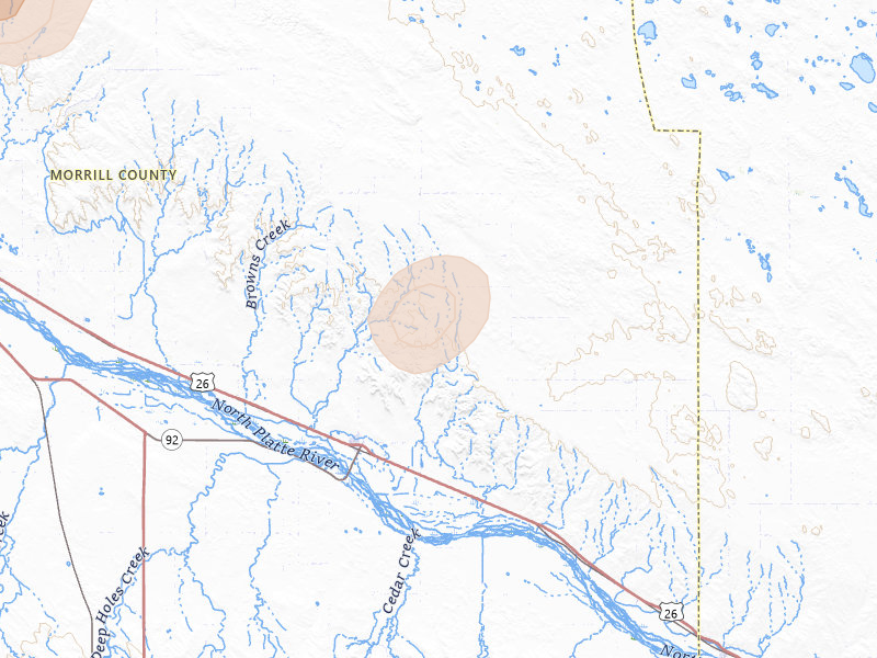 Radar-estimated hail-size map of the storm over Broadwater, NE on Jun 8, 2026