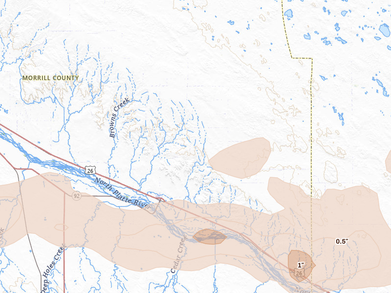 Radar-estimated hail-size map of the storm over Broadwater, NE on Jun 20, 2026