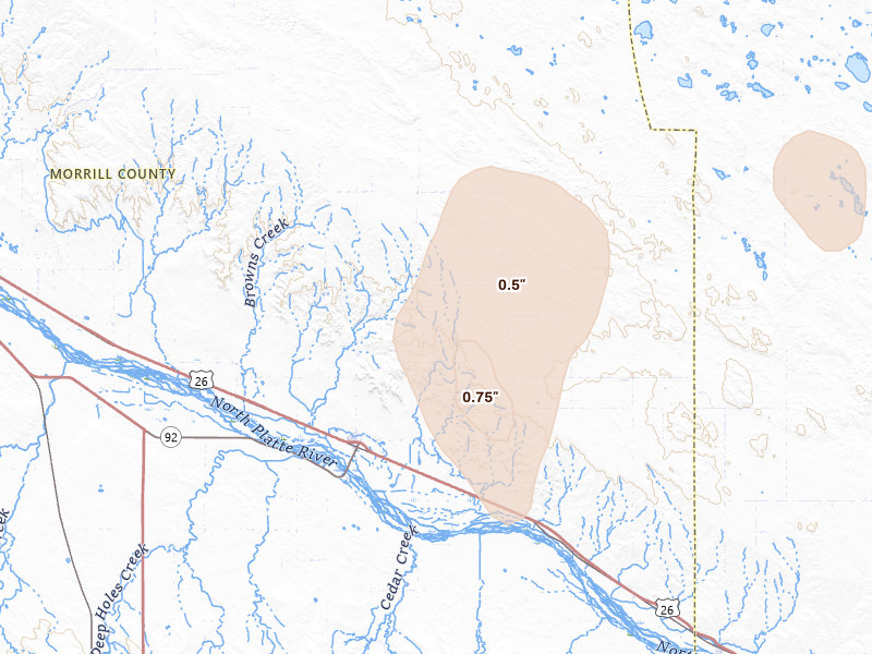 Radar-estimated hail-size map of the storm over Broadwater, NE on Jul 1, 2026