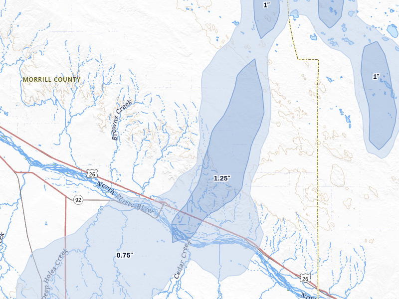 NEXRAD radar-signature map of the hail storm over Broadwater, NE on Jul 1, 2026