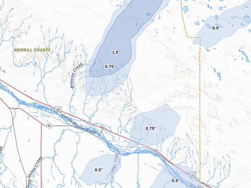 NEXRAD radar-signature map of the hail storm over Broadwater, NE on Jul 7, 2026
