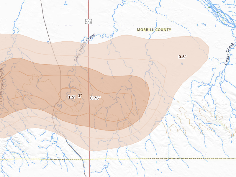 Radar-estimated hail-size map of the storm over Broadwater, NE on Aug 14, 2026