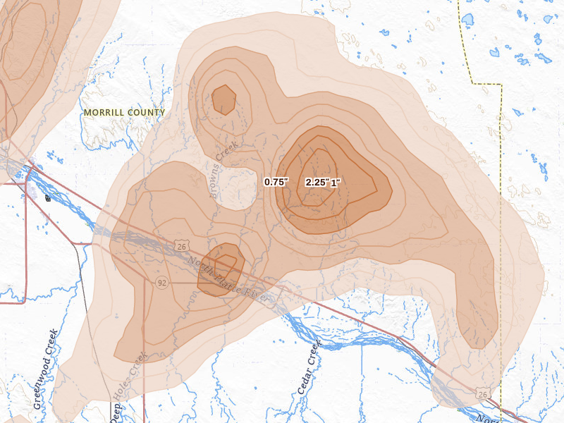 Radar-estimated hail-size map of the storm over Broadwater, NE