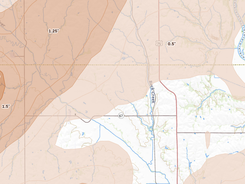 Radar-estimated hail-size map of the storm over Brock, NE on Apr 23, 2026