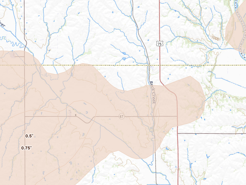 Radar-estimated hail-size map of the storm over Brock, NE on May 16, 2026