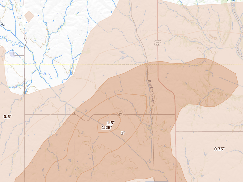 Radar-estimated hail-size map of the storm over Brock, NE on May 18, 2026