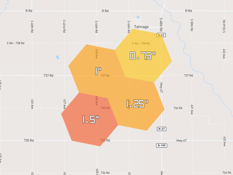 Hail map of Brock, NE on Jun 6, 2026, hail up to 1.5"