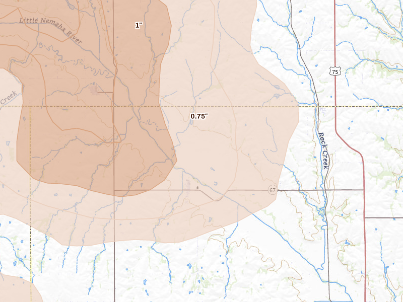 Radar-estimated hail-size map of the storm over Brock, NE on Aug 19, 2026