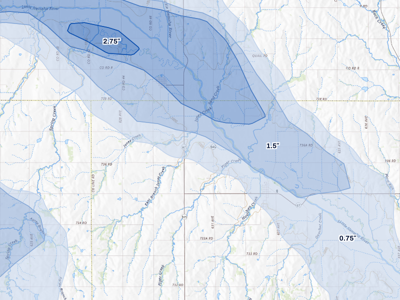 NEXRAD radar-signature map of the hail storm over Brock, NE on Aug 19, 2026
