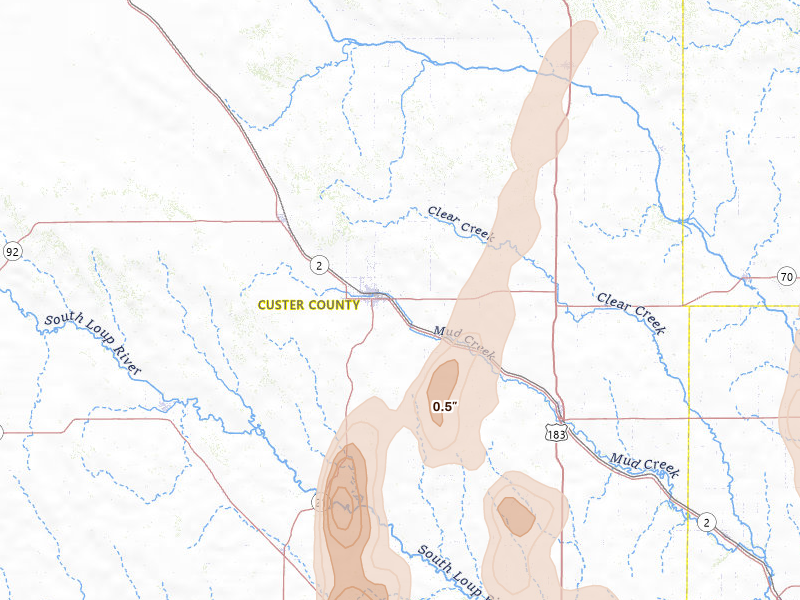 Radar-estimated hail-size map of the storm over Broken Bow, NE on May 16, 2026