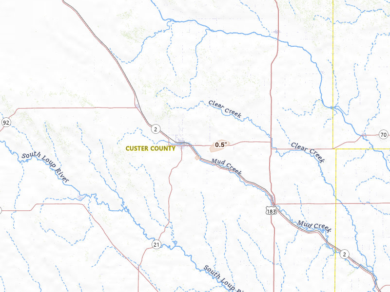Radar-estimated hail-size map of the storm over Broken Bow, NE on May 23, 2026
