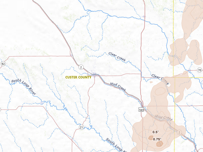 Radar-estimated hail-size map of the storm over Broken Bow, NE on May 30, 2026