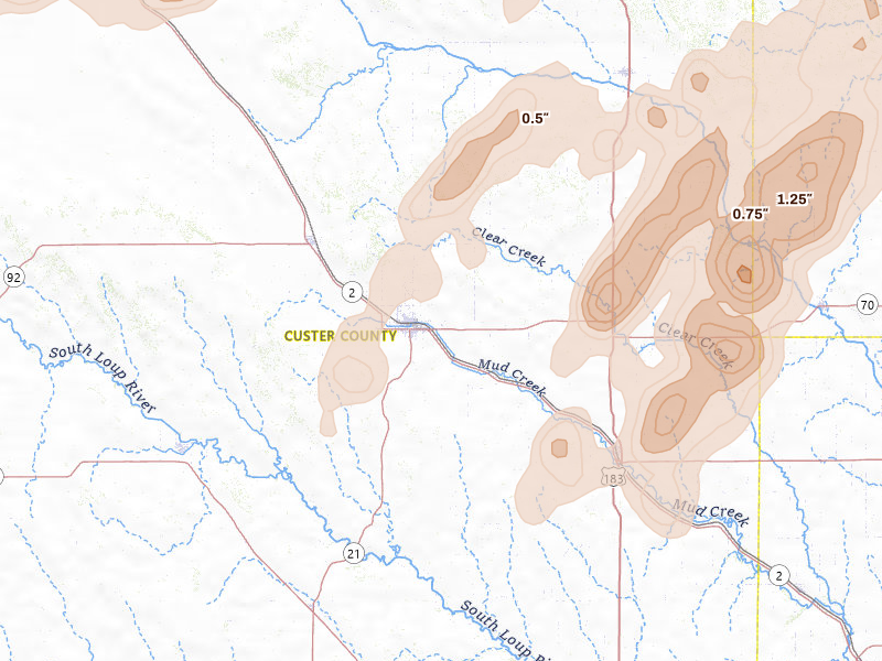 Radar-estimated hail-size map of the storm over Broken Bow, NE on Jun 9, 2026