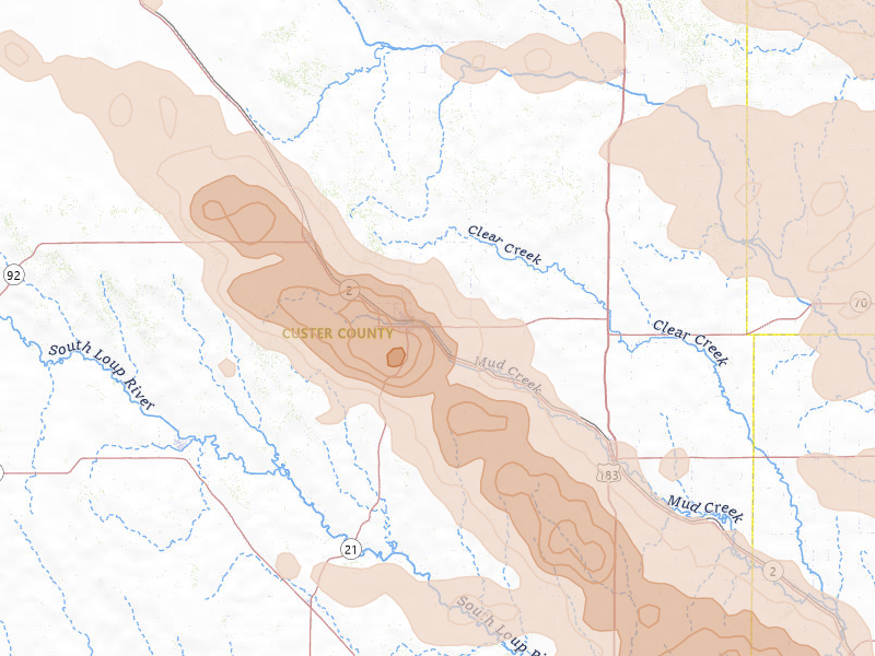 Radar-estimated hail-size map of the storm over Broken Bow, NE on Jun 20, 2026