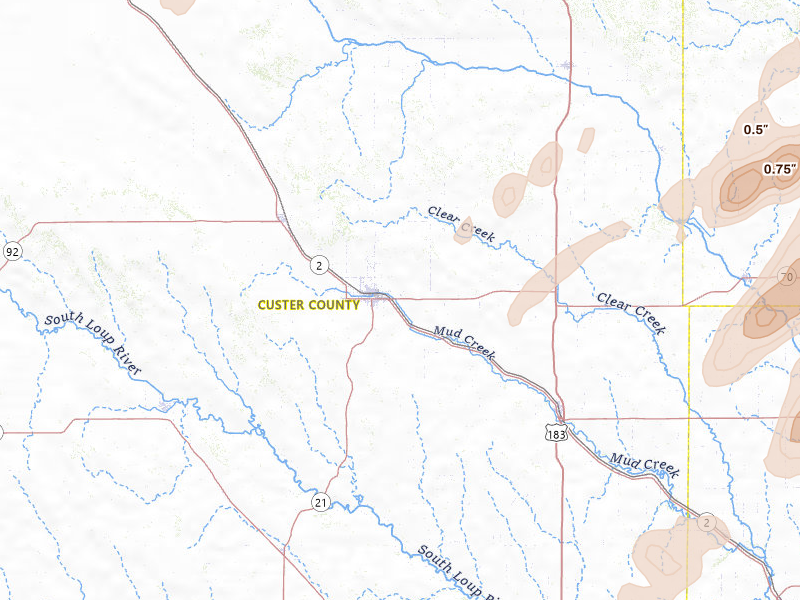 Radar-estimated hail-size map of the storm over Broken Bow, NE on Jun 29, 2026