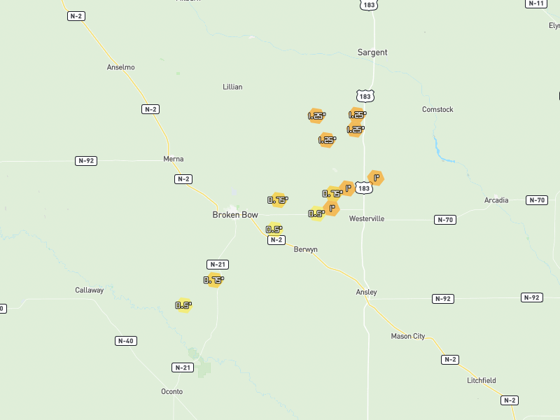 Hail map of Broken Bow, NE on Jun 30, 2026, hail up to 1.25"