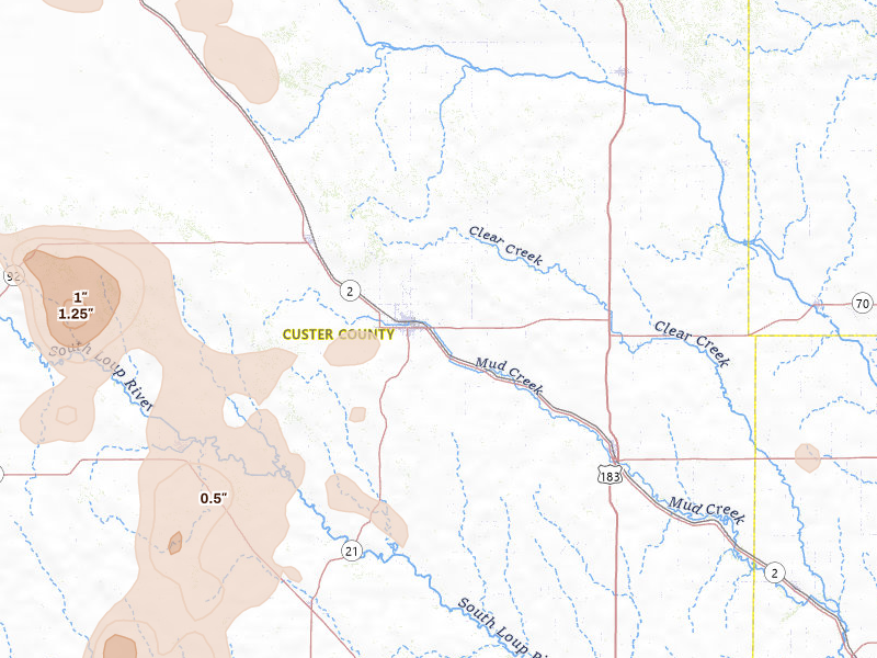 Radar-estimated hail-size map of the storm over Broken Bow, NE on Jul 27, 2026
