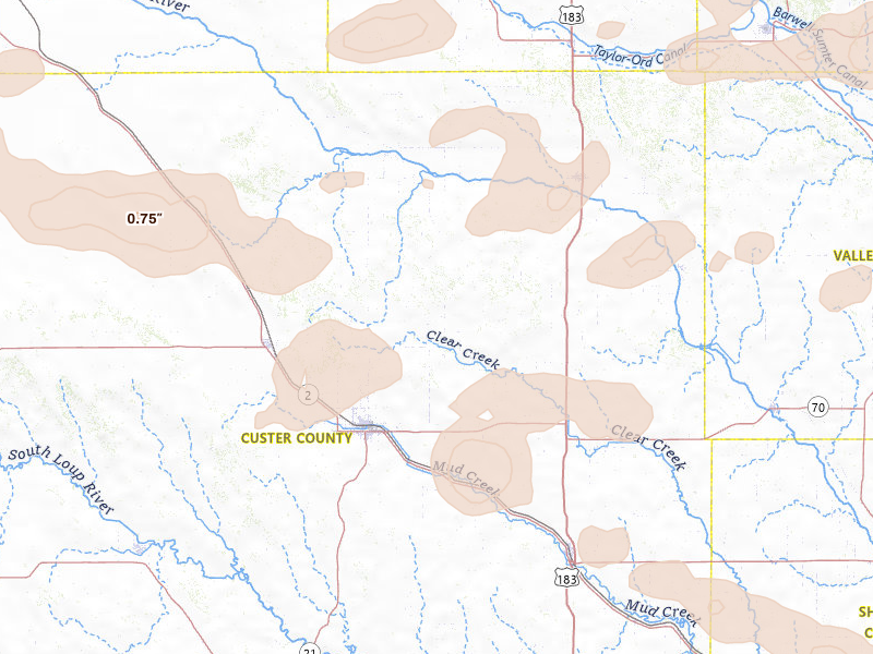 Radar-estimated hail-size map of the storm over Broken Bow, NE on Aug 8, 2026