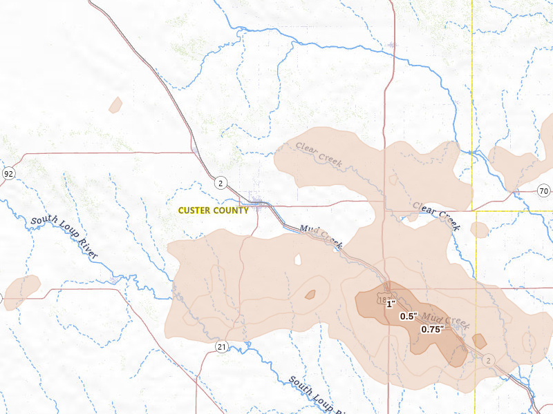 Radar-estimated hail-size map of the storm over Broken Bow, NE on Aug 12, 2026