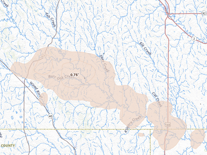 Radar-estimated hail-size map of the storm over Broken Bow, NE on Aug 17, 2026