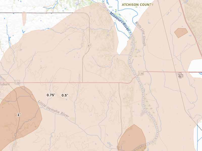Radar-estimated hail-size map of the storm over Brownville, NE on Apr 23, 2026