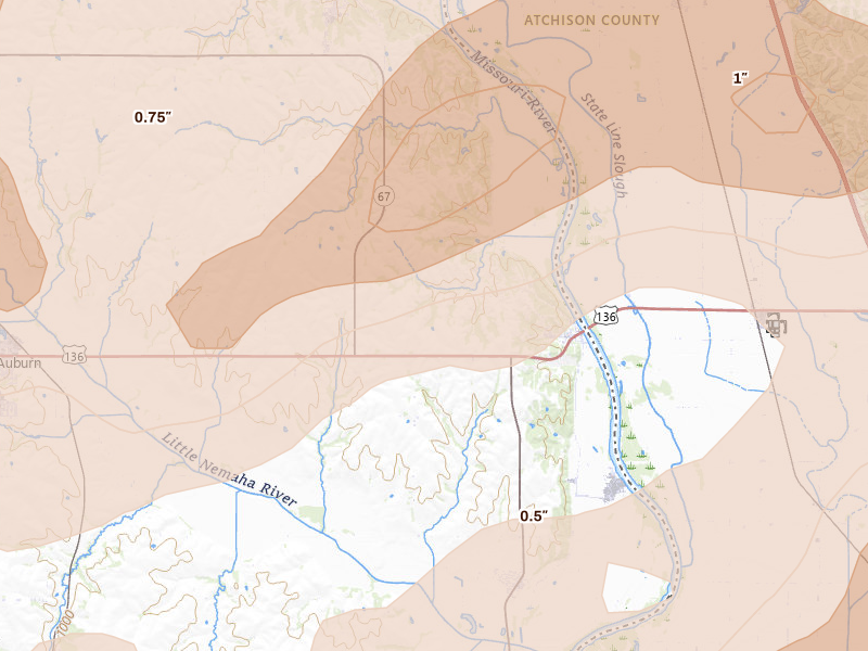 Radar-estimated hail-size map of the storm over Brownville, NE on May 18, 2026