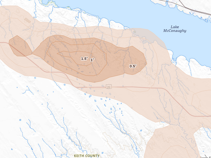 Radar-estimated hail-size map of the storm over Brule, NE on Jun 24, 2026