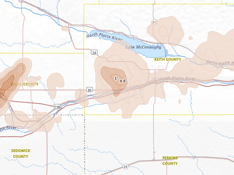 Radar-estimated hail-size map of the storm over Brule, NE