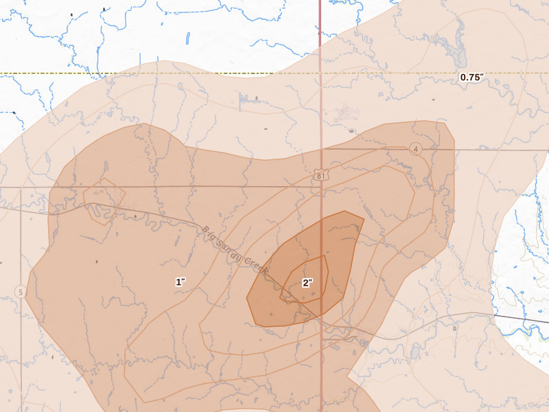 Radar-estimated hail-size map of the storm over Bruning, NE on May 16, 2026