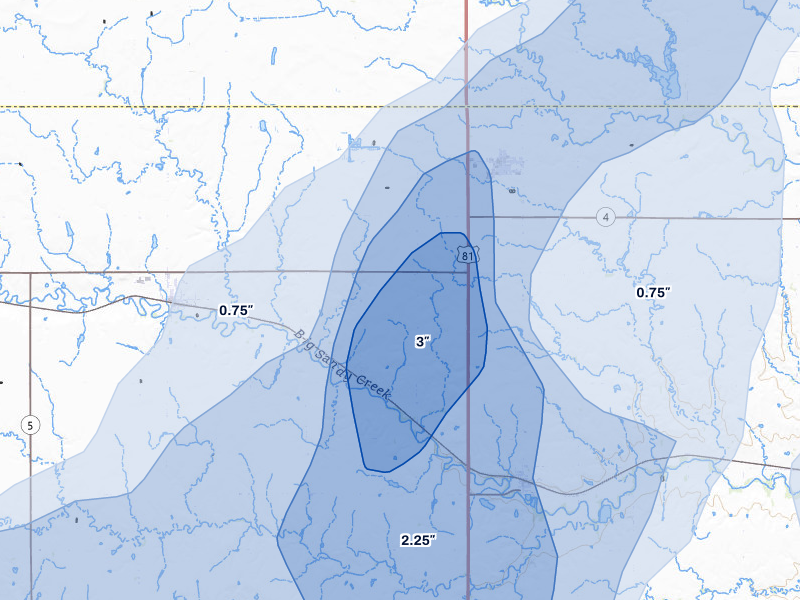 NEXRAD radar-signature map of the hail storm over Bruning, NE on May 16, 2026