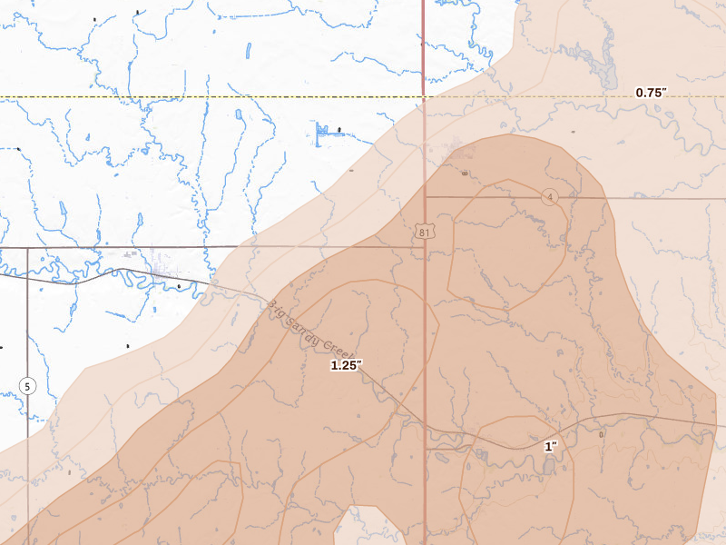 Radar-estimated hail-size map of the storm over Bruning, NE on May 17, 2026