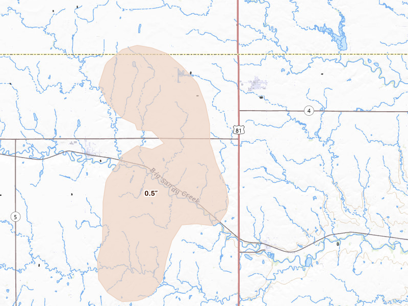 Radar-estimated hail-size map of the storm over Bruning, NE on Jun 2, 2026
