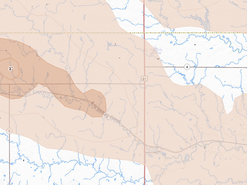 Radar-estimated hail-size map of the storm over Bruning, NE on Jun 20, 2026