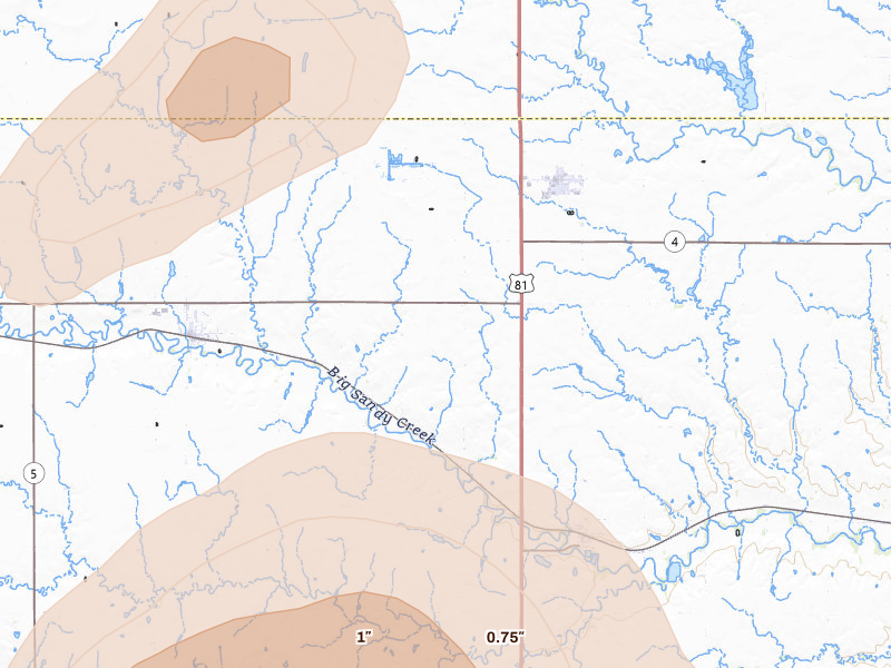 Radar-estimated hail-size map of the storm over Bruning, NE on Jul 3, 2026