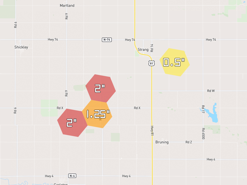 Hail map of Bruning, NE on Jul 3, 2026, hail up to 2"