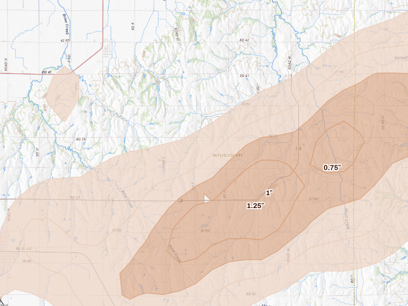 Radar-estimated hail-size map of the storm over Bruno, NE on Sep 13, 2026