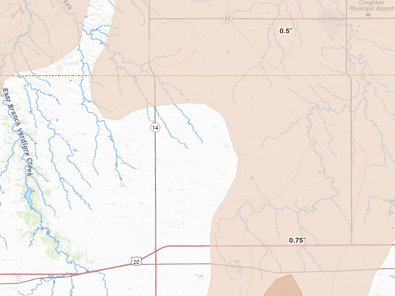 Radar-estimated hail-size map of the storm over Brunswick, NE on Jul 2, 2026